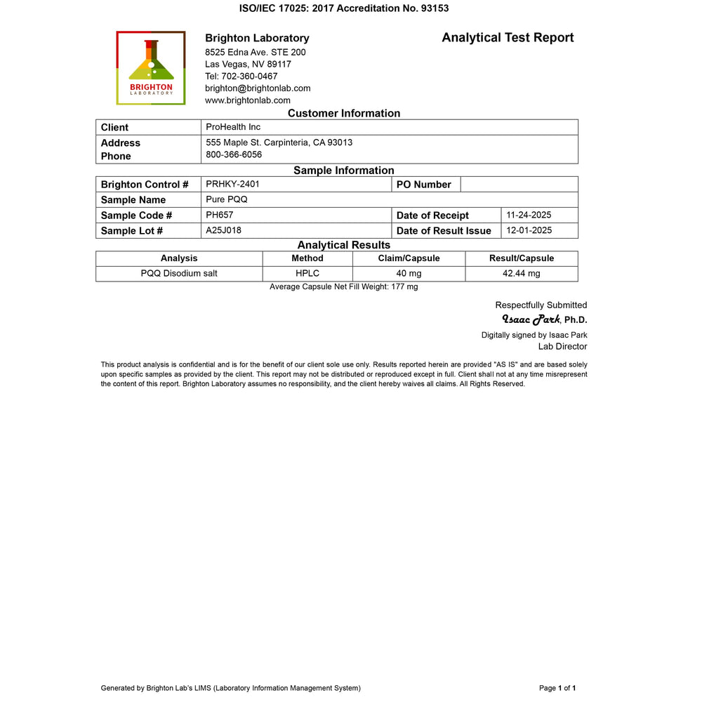 ProHealth PQQ packaging with third-party testing seal emphasizing quality and transparency
