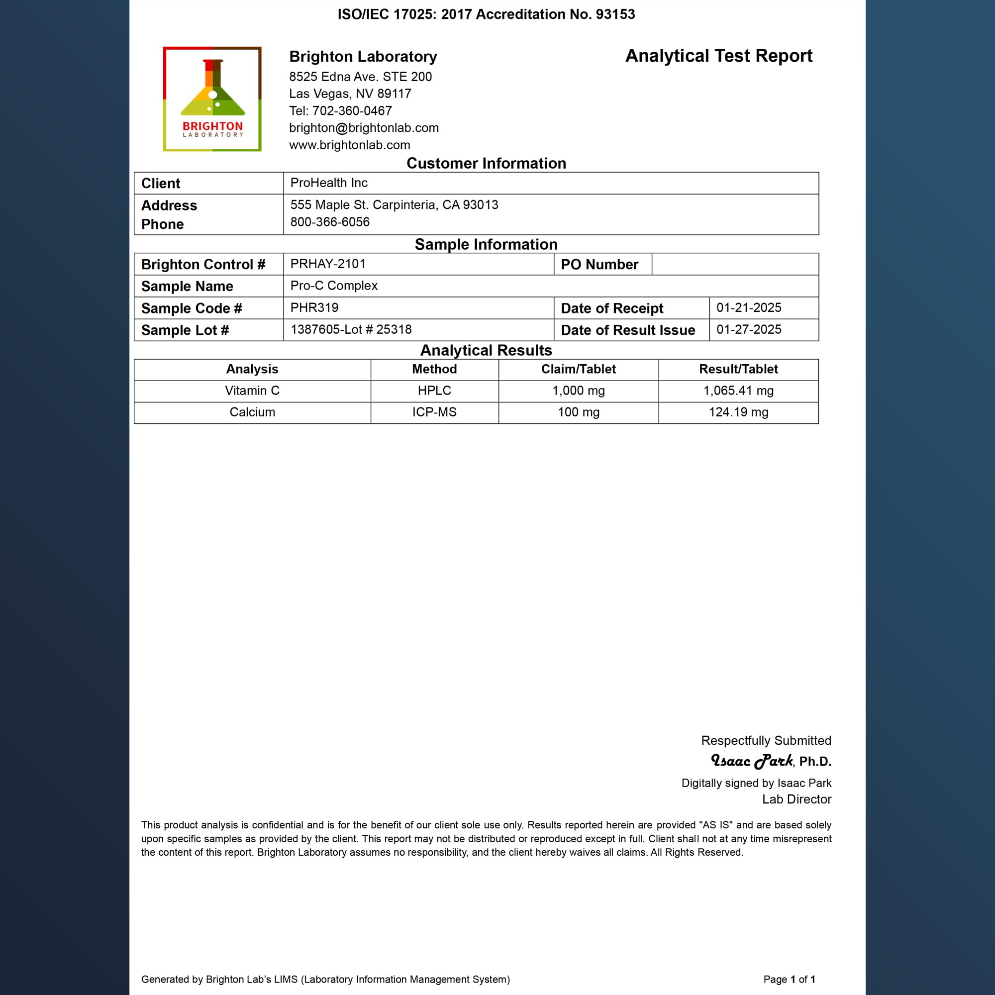 ProHealth Pro-C Complex label highlighting calcium and citrus bioflavonoids for balanced nutrition