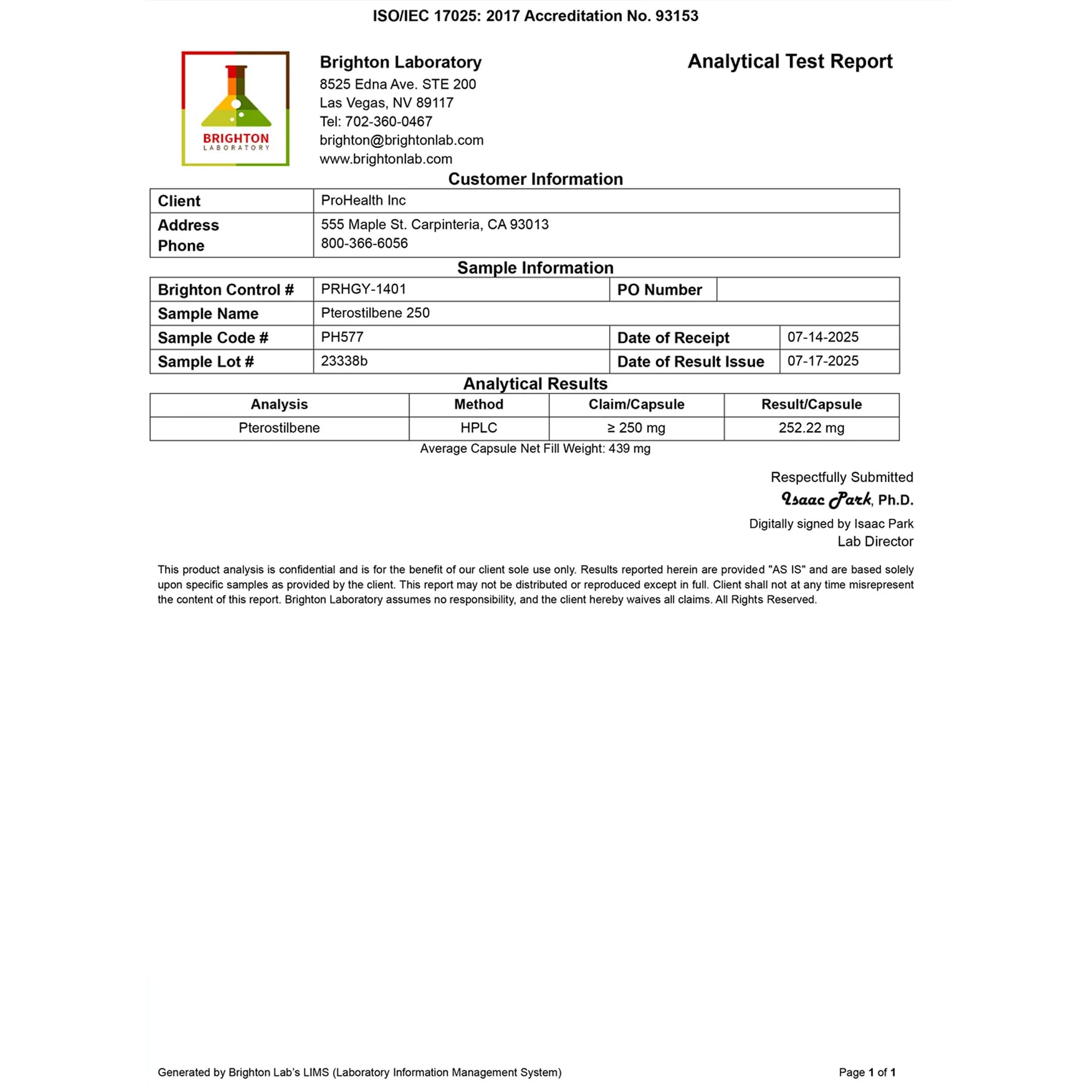 Independent third-party lab results for ProHealth pterostilbene