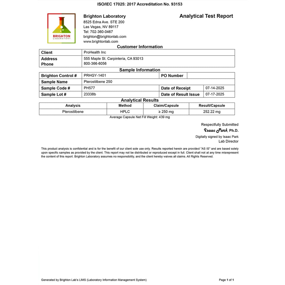 Independent third-party lab results for ProHealth pterostilbene