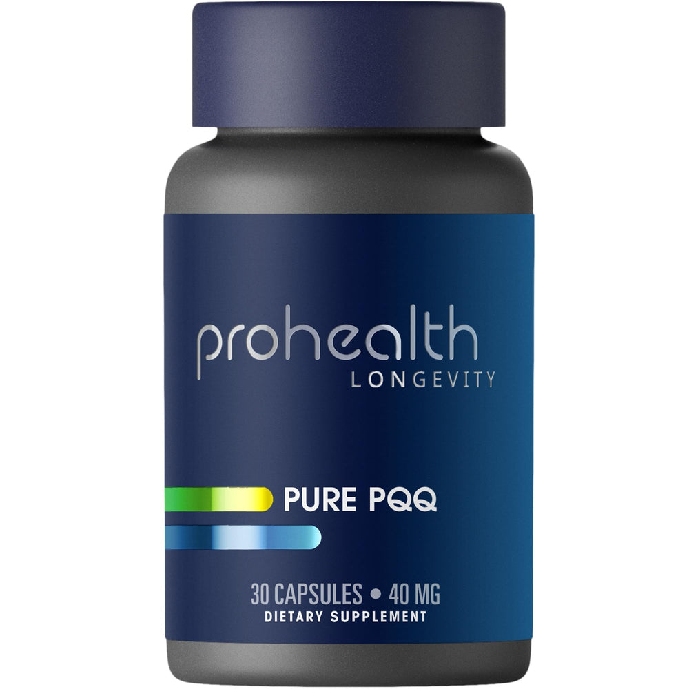 ProHealth Pure PQQ bottle on the counter, 40 mg formula for steady energy support