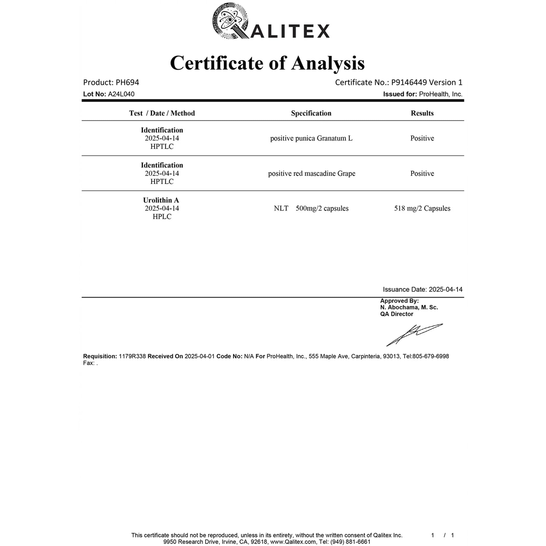 Quality-control batch numbers reflect rigorous testing for ProHealth