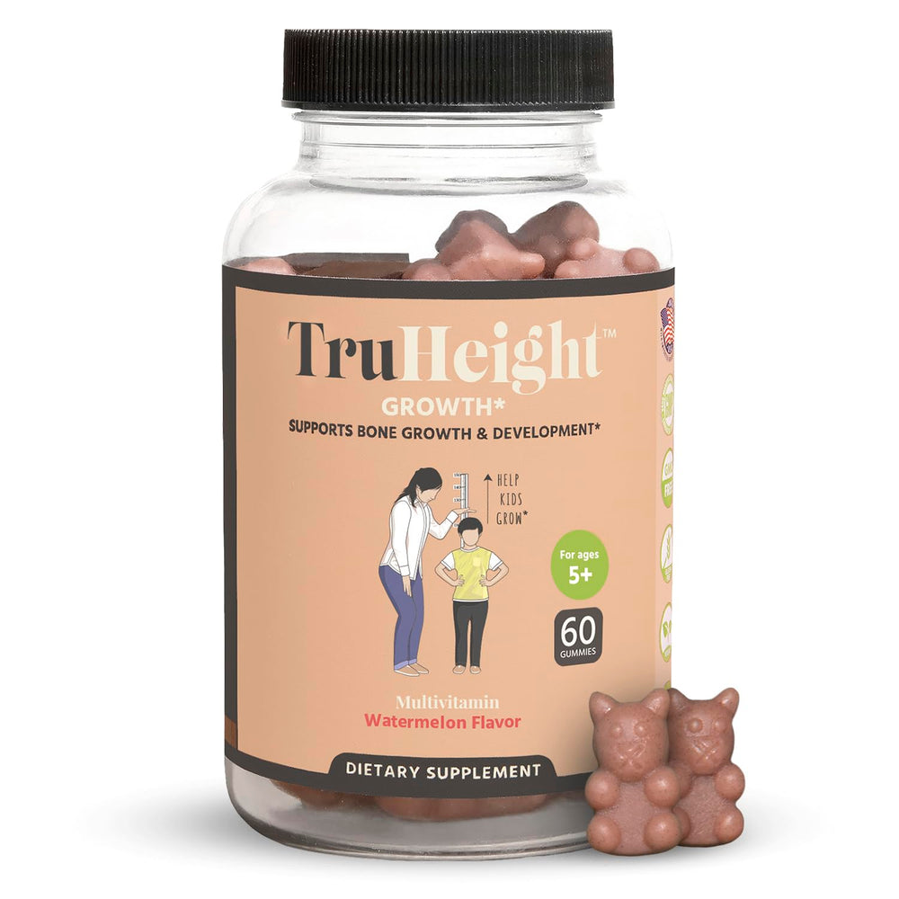 ProHeight TruHeight gummies bottle closeup with watermelon flavor appealing to kids.