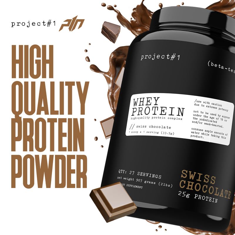Project #1 Whey Protein Plus Swiss Chocolate flavor close-up.
