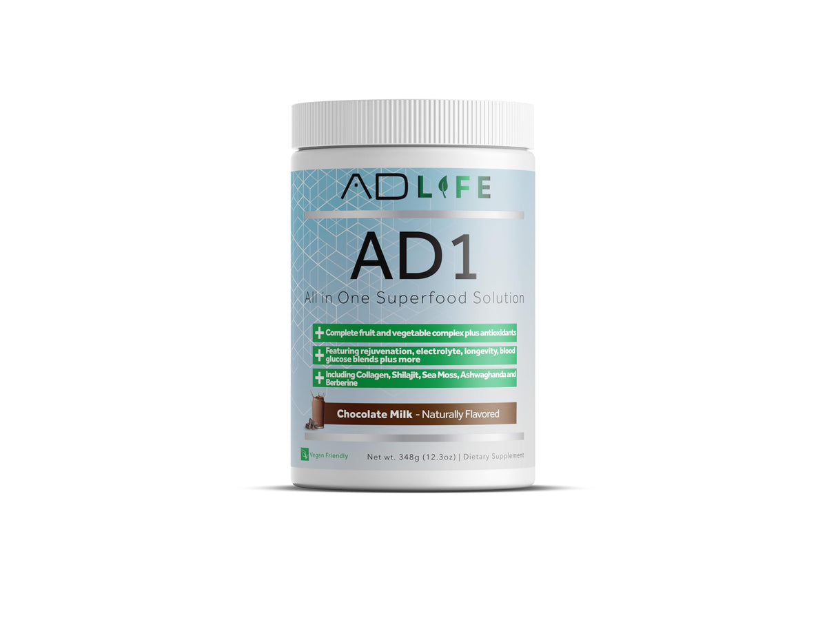 Project AD AD1 bottle front shows chocolate superfood blend for daily energy