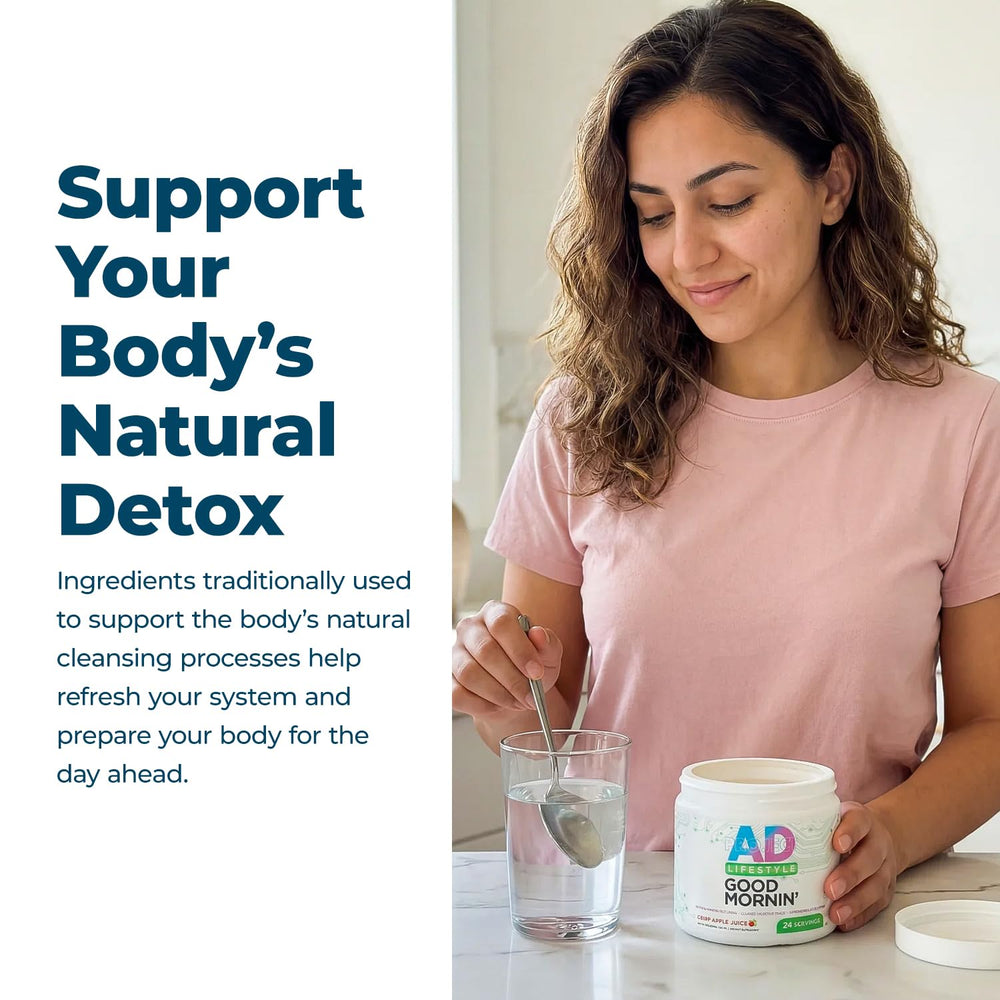 Proyecto AD Life Buen Día Detox, etiqueta clara con beneficio natural.