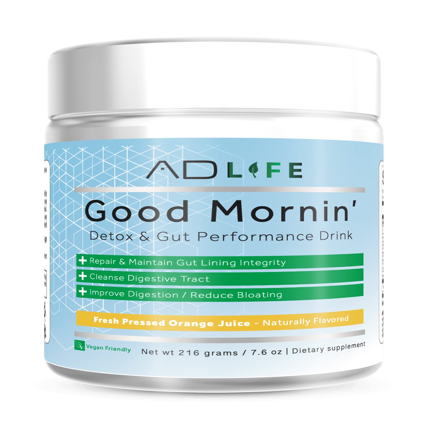 Project AD Life Good Mornin bottle pour shows a refreshing detox drink for daily gut health