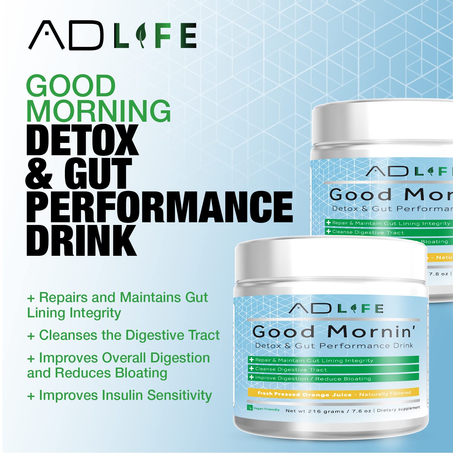 Project AD Life Good Mornin scoop emphasizes quick blending for gut health boost