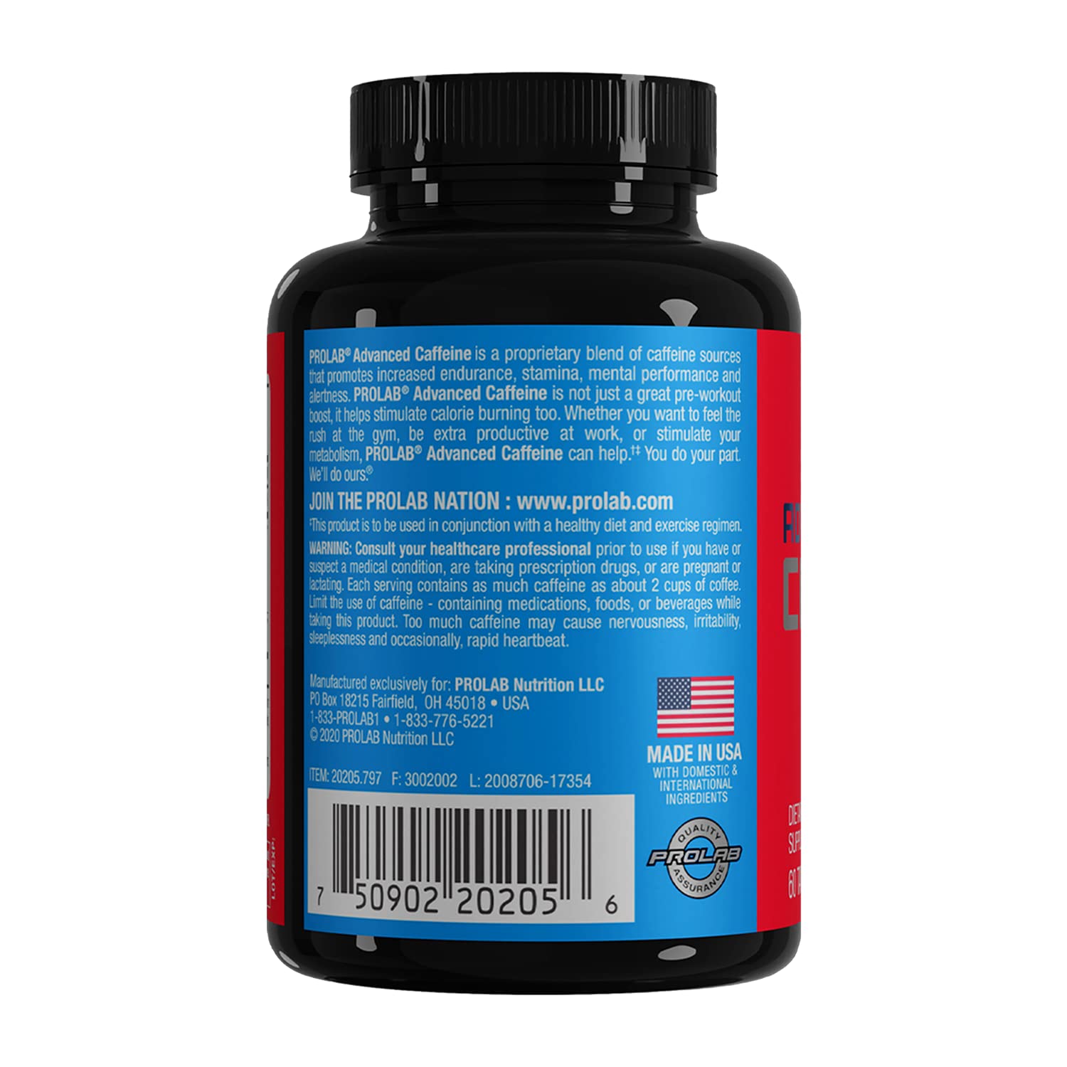 ProLab Advanced Caffeine 3-pack packaging with 60 tablets each for steady energy