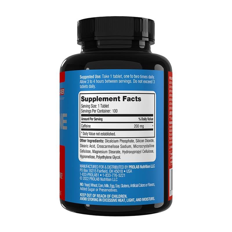 ProLab Caffeine Tablets 200mg bottle side view highlighting portability.
