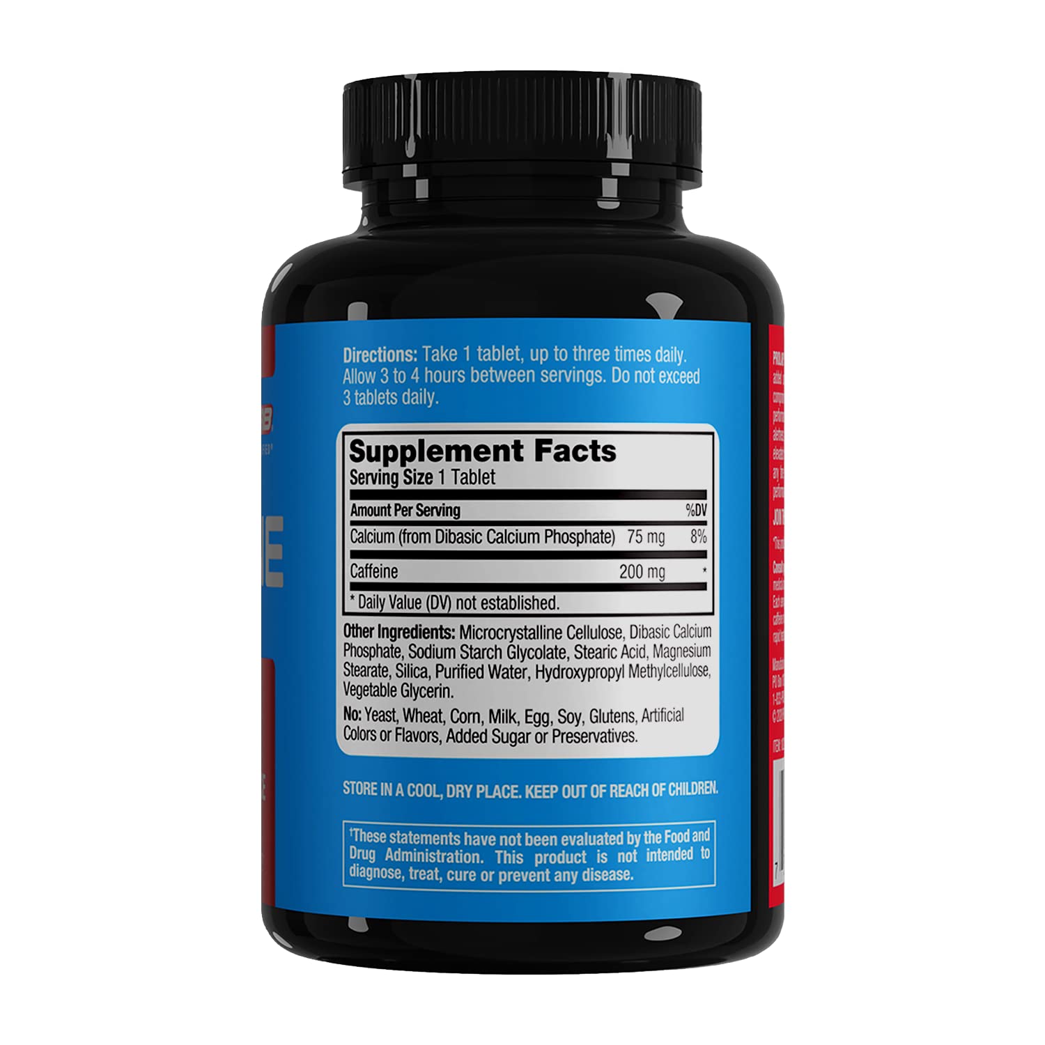 ProLab Caffeine Tablets 200mg energy level graphic indicates alertness potential.