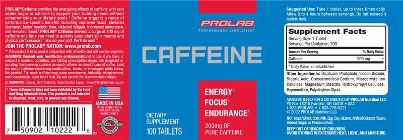 ProLab Caffeine Tablets 200mg ingredients graphic highlights caffeine content.