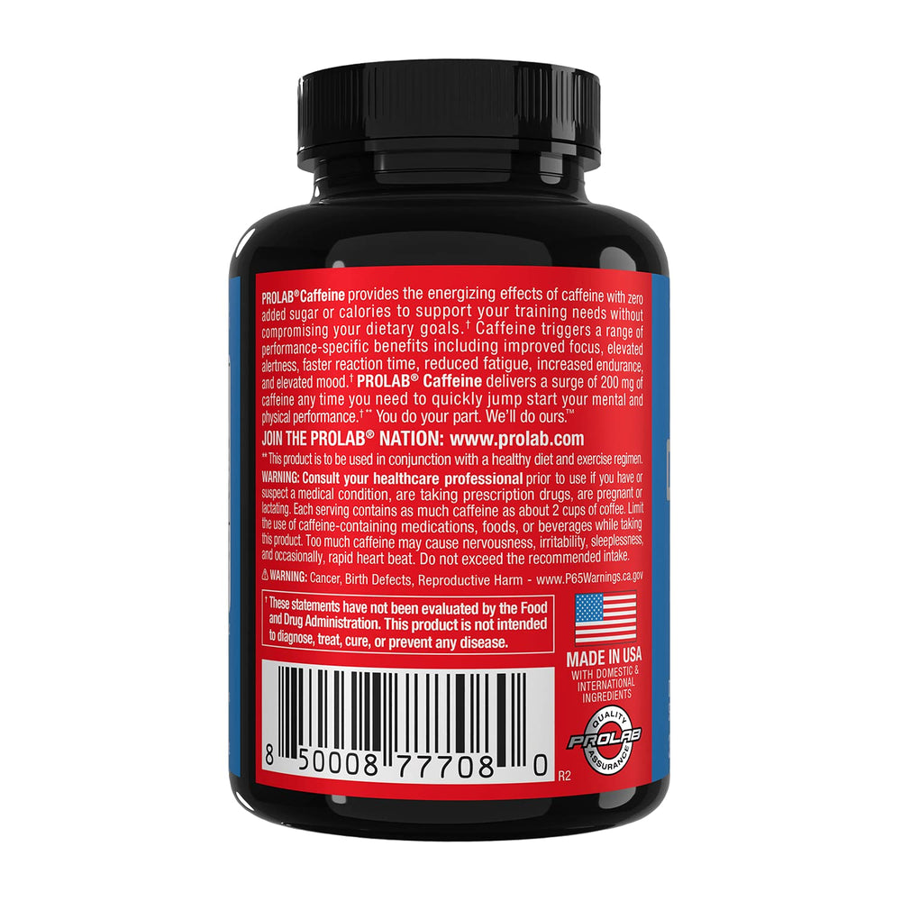 ProLab caffeine tablets 200mg packaging box showing 300-count value.