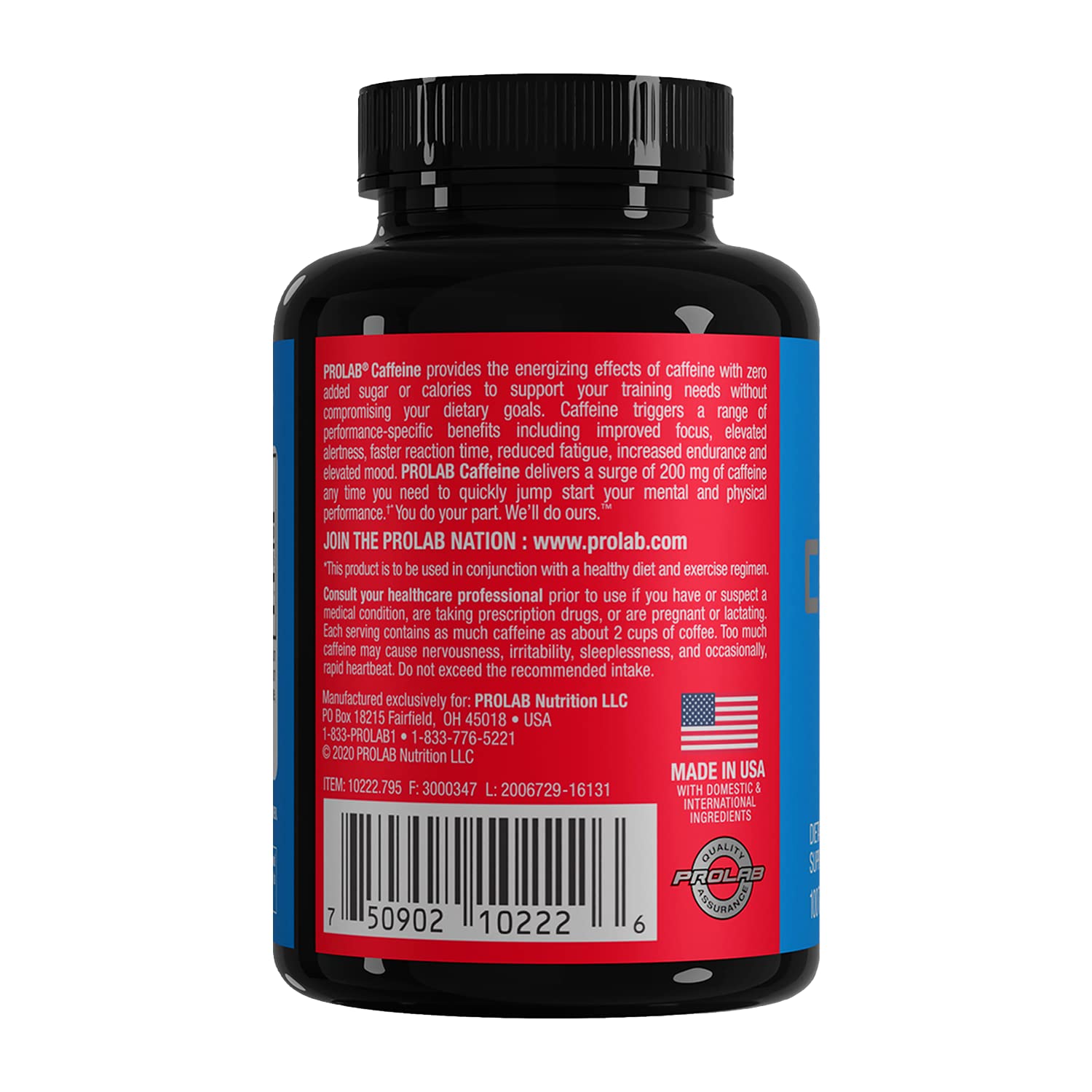 ProLab Caffeine Tablets 200mg pre-workout scene suggests quick energy.