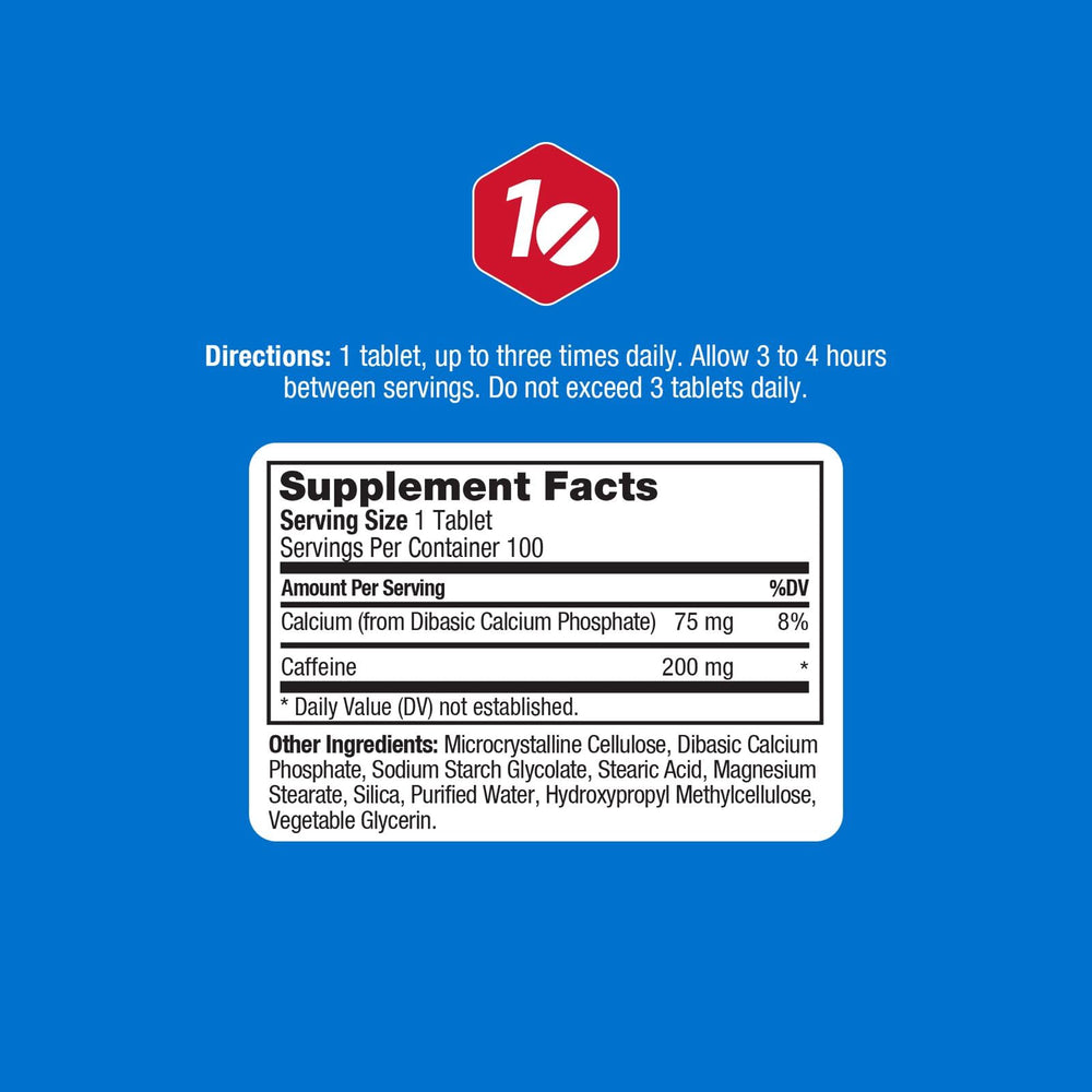 ProLab Caffeine Tablets 200mg tablets closeup reveals compact pills.