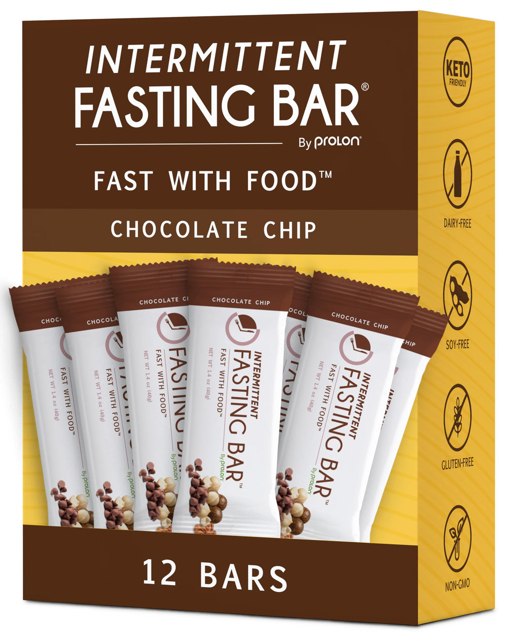 Prolon Chocolate Chip Bar packaging highlights keto-friendly ingredients for fasting.