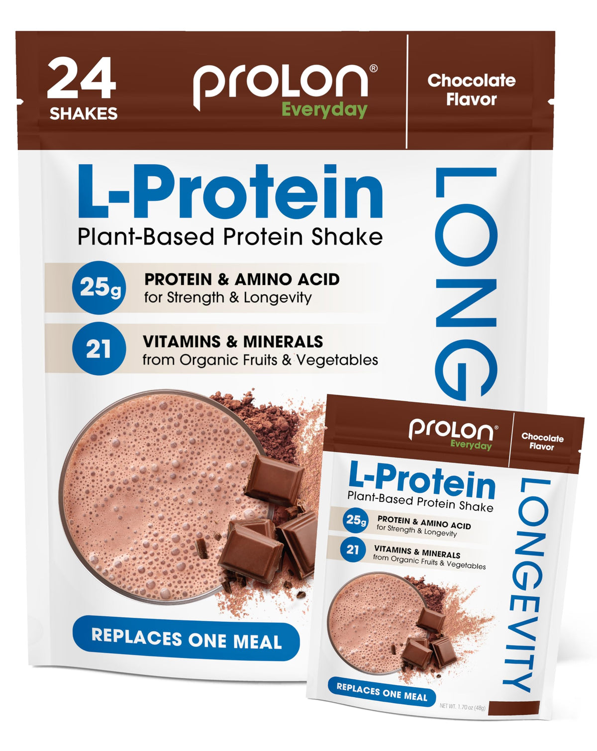 Prolon Longevity Plant Based Protein Powder chocolate tub showing 25g protein for muscle support