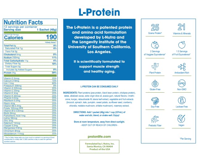 Amino acid blend details on Prolon Longevity label