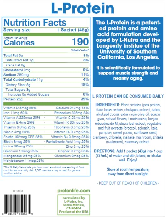 Nutrition panel of Prolon Longevity protein at a glance