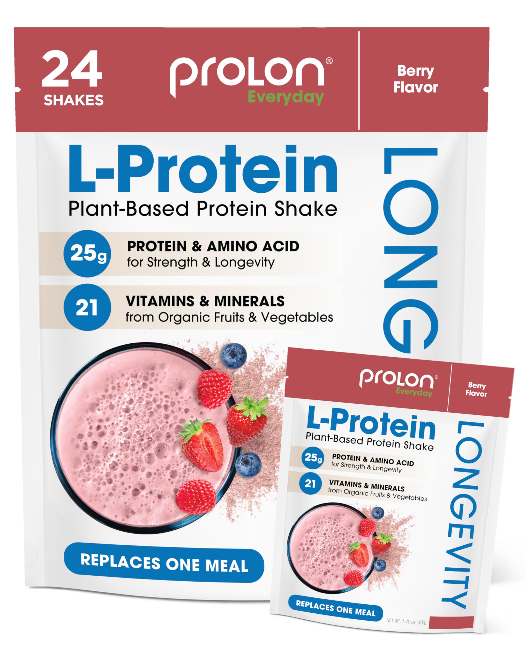 Prolon Longevity Protein Powder bottle with berry flavor and 25g protein per serving.