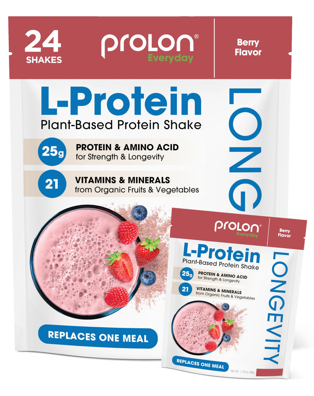 Prolon Longevity Protein Powder bottle with berry flavor and 25g protein per serving.