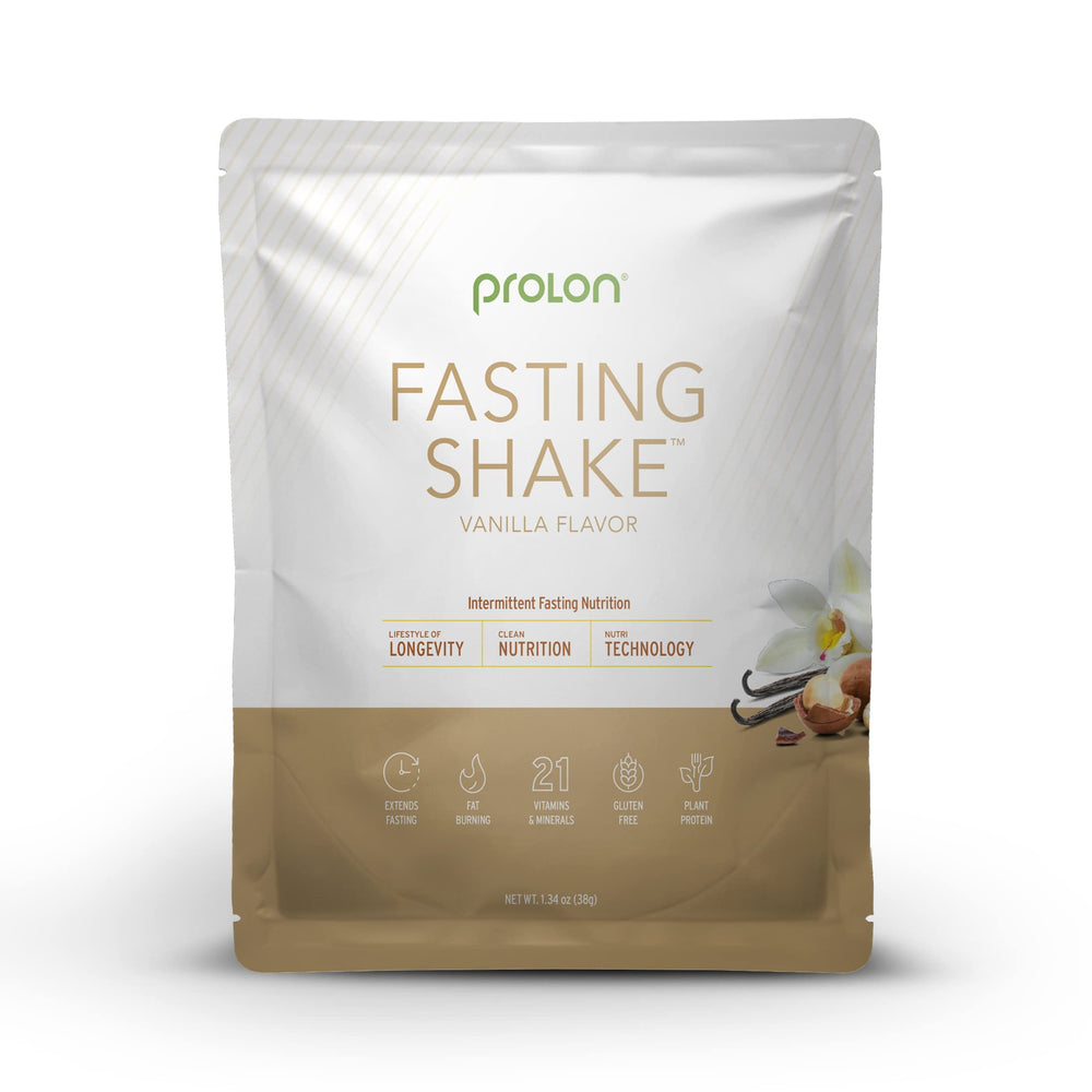 Prolon Vanilla drink mix bag highlighting keto-friendly, plant-based nourishment.