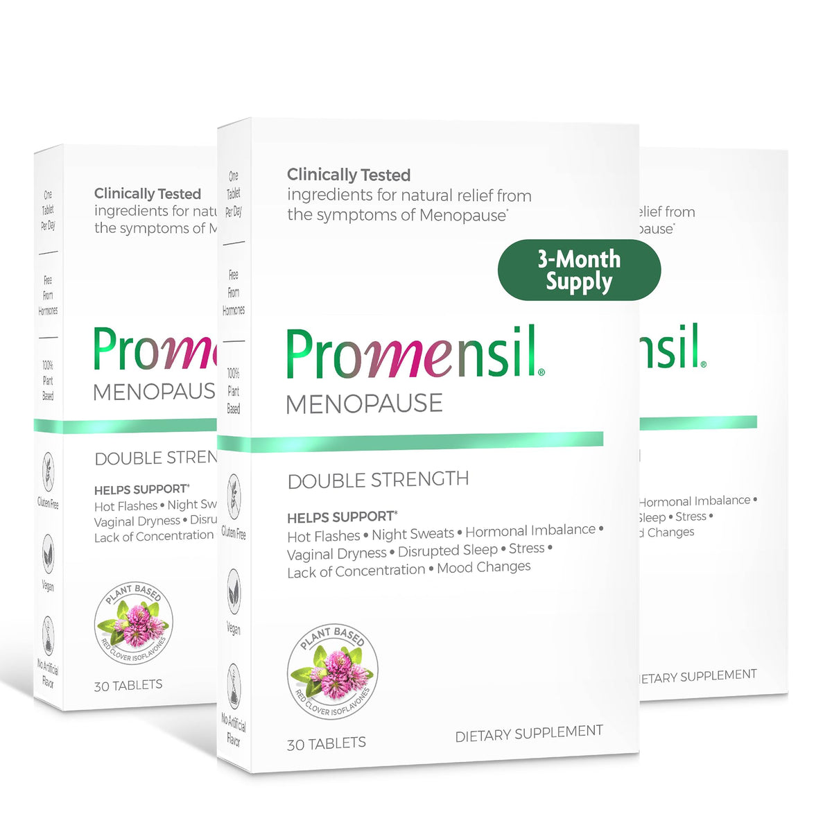 Promensil menopause double strength bottle label highlighting red clover isoflavones for support.