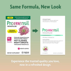 Promensil triple-pack box supports ongoing use for menopause relief.