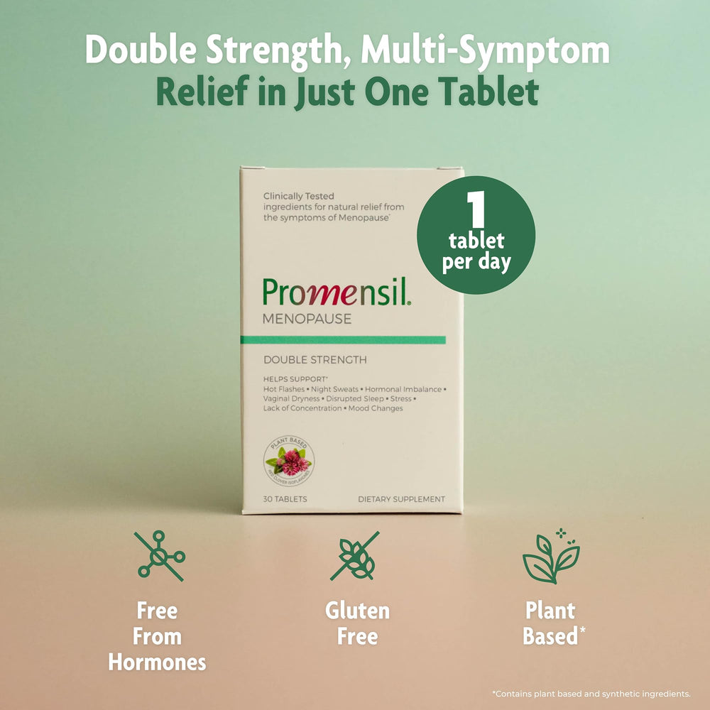 Promensil menopause double strength tablets close-up showing easy-to-swallow pills