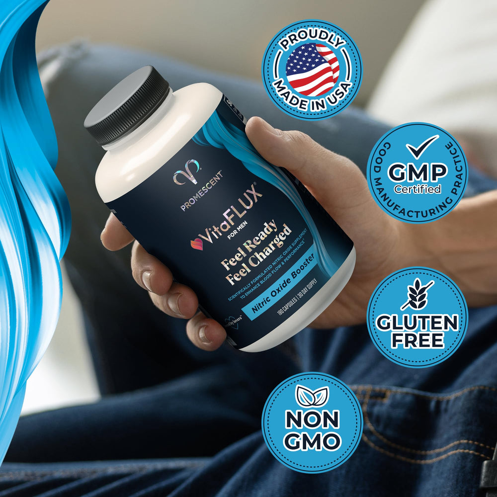 Promescent VitaFLUX capsules poured from bottle for daily vitality