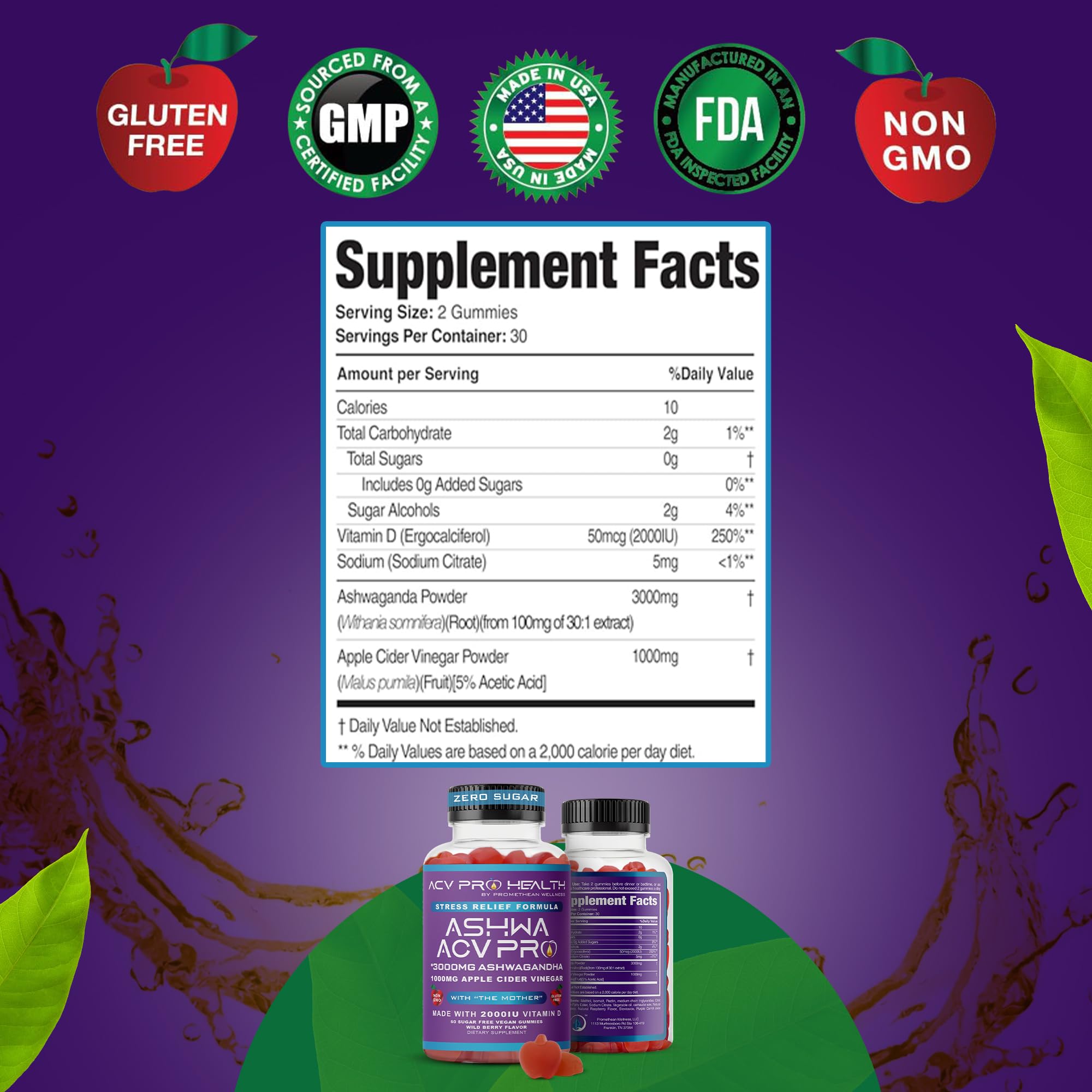 Vitamin D and ashwagandha visuals on Ashwa ACV Pro packaging.