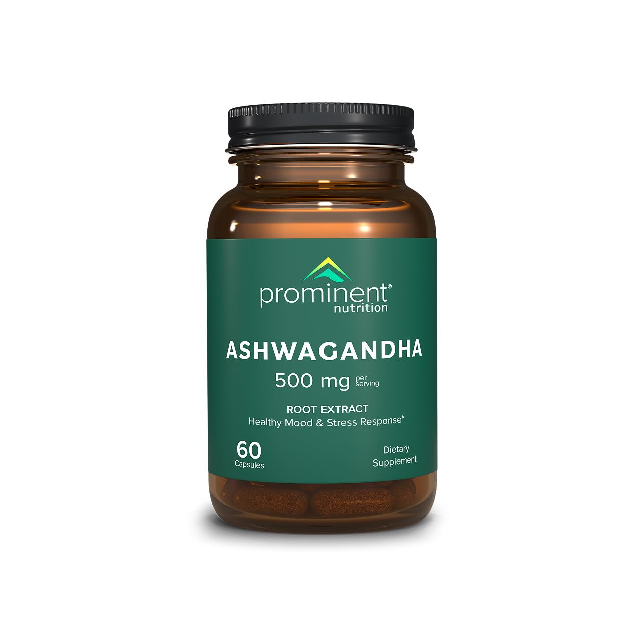 Prominent Nutrition Ashwagandha bottle front for daily balance.