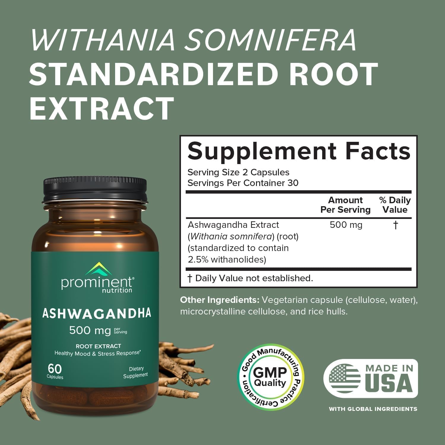 Prominent Nutrition Ashwagandha capsules closeup for easy daily intake.