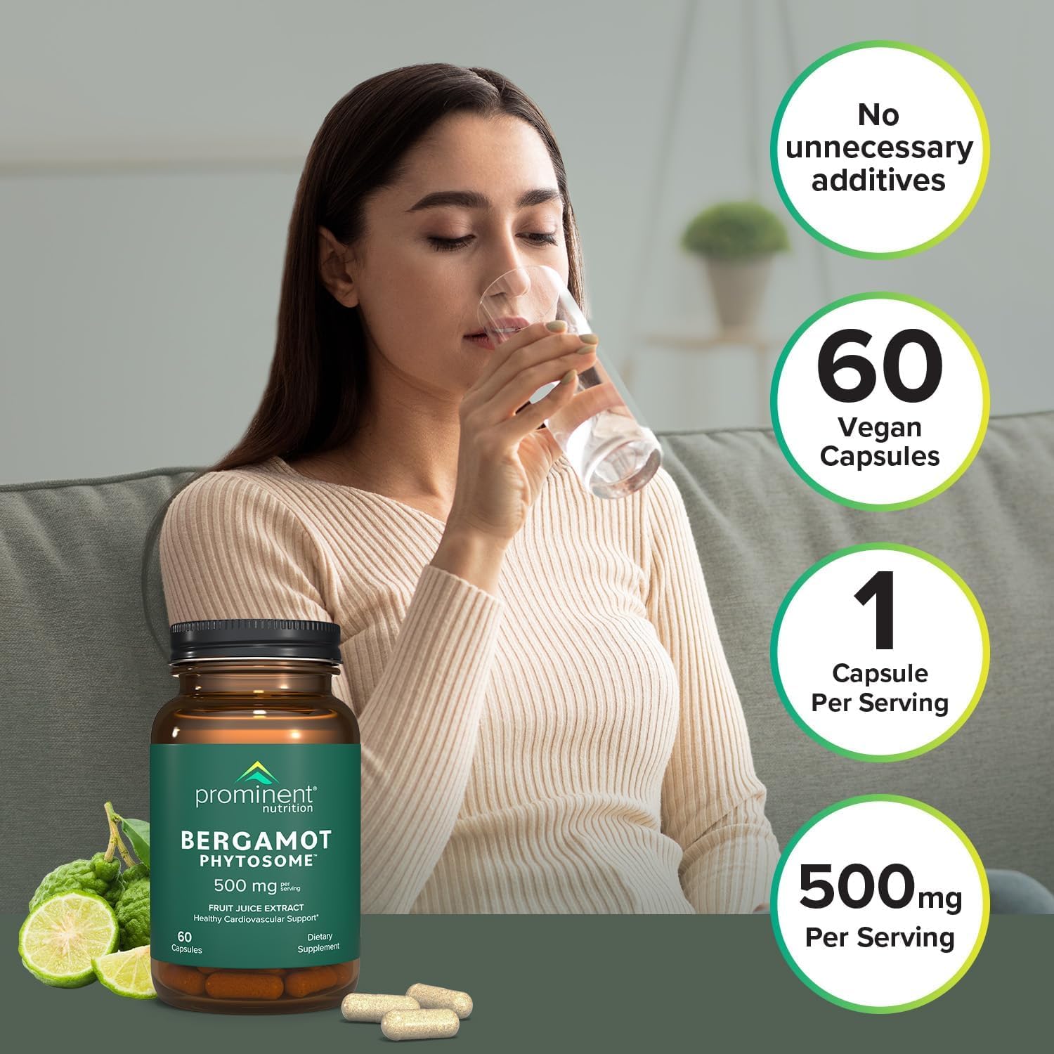 Prominent Nutrition Bergamot Phytosome bottle with green leaf signifying vegan formula