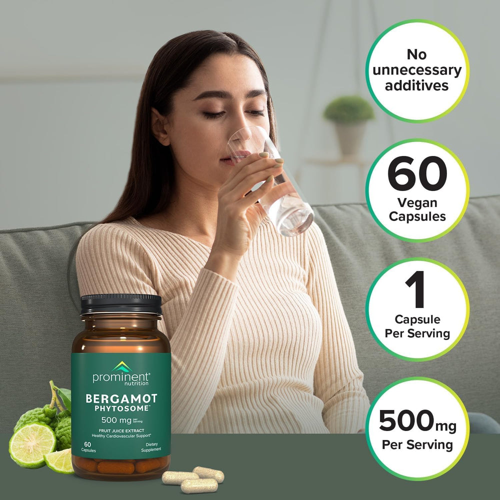 Prominent Nutrition Bergamot Phytosome bottle with green leaf signifying vegan formula