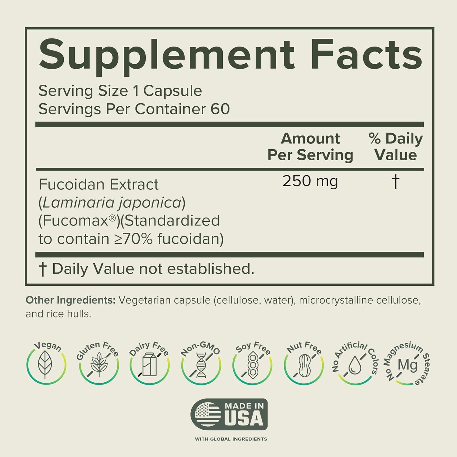 Prominent Nutrition Fucoidan bottle side view highlights clean label for vegan, non-GMO quality.