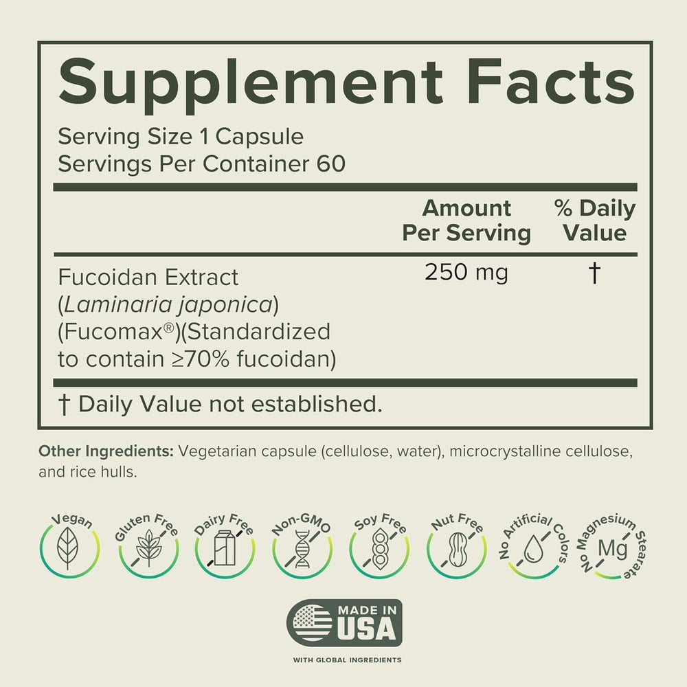 Prominent Nutrition Fucoidan bottle side view highlights clean label for vegan, non-GMO quality.
