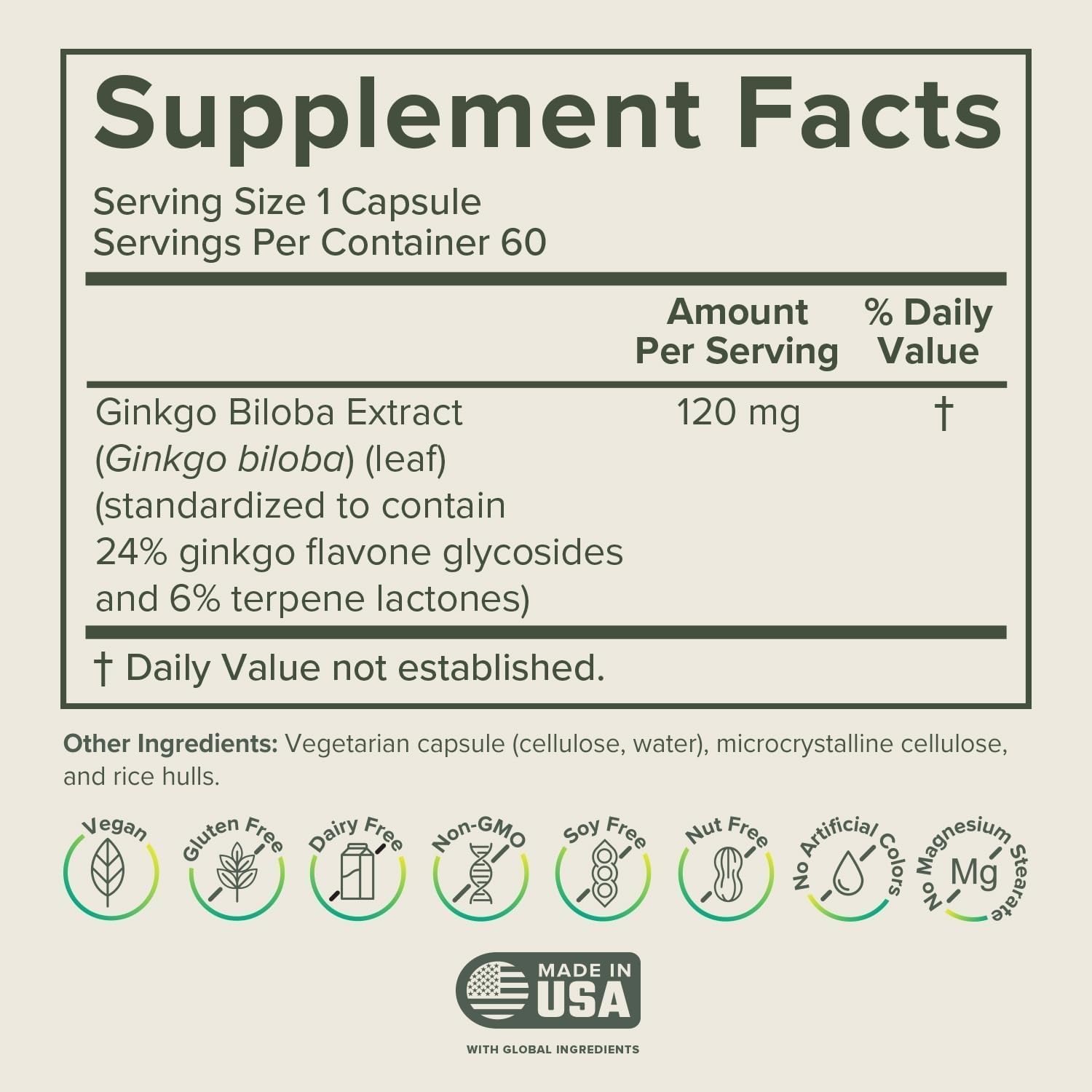 Prominent Nutrition Ginkgo Biloba bottle-label communicates quality and clean ingredients