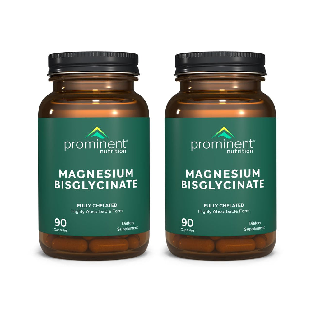 Prominent Nutrition magnesium bisglycinate capsules bottle front shows brain health support messaging