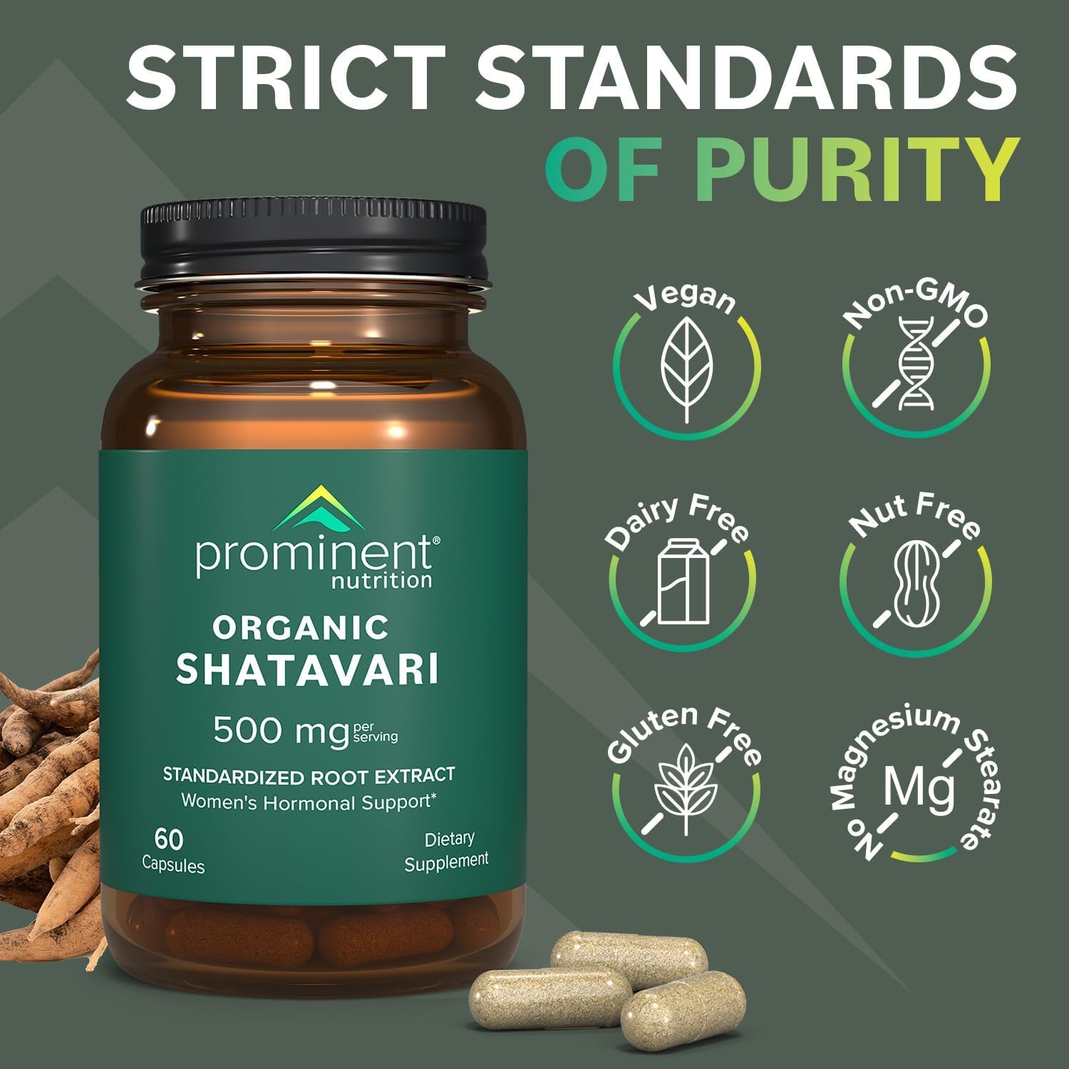 Prominent Nutrition Shatavari capsules label closeup highlights ingredients and vegan status.