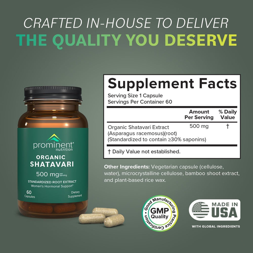 Prominent Nutrition Organic Shatavari capsules root extract standardized for potent, consistent hormonal support.