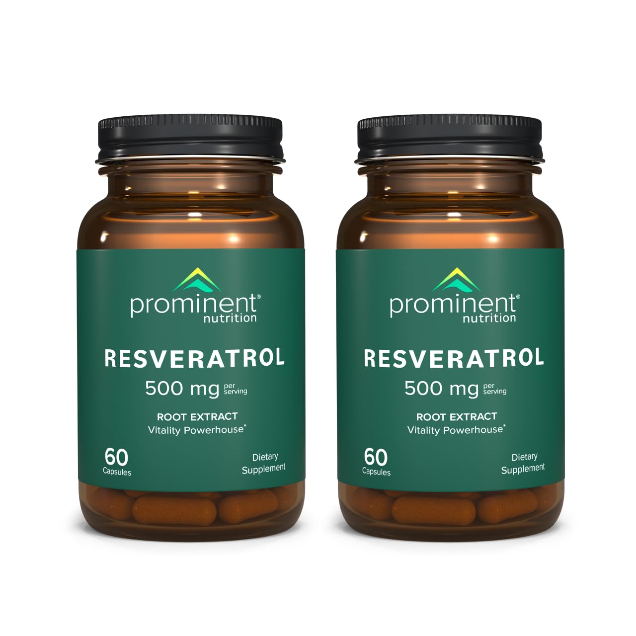 Prominent Nutrition Resveratrol bottle front displaying 98% Trans-Resveratrol label for antioxidant support
