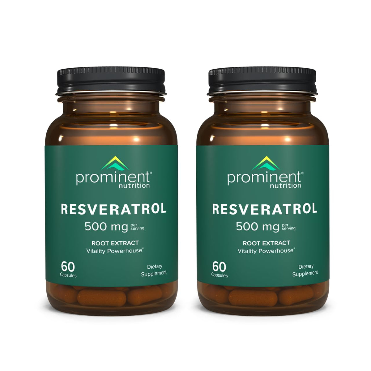 Prominent Nutrition Resveratrol bottle front displaying 98% Trans-Resveratrol label for antioxidant support