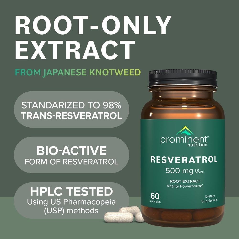 Prominent Nutrition Resveratrol two-capsule serving on a clean surface conveys convenience