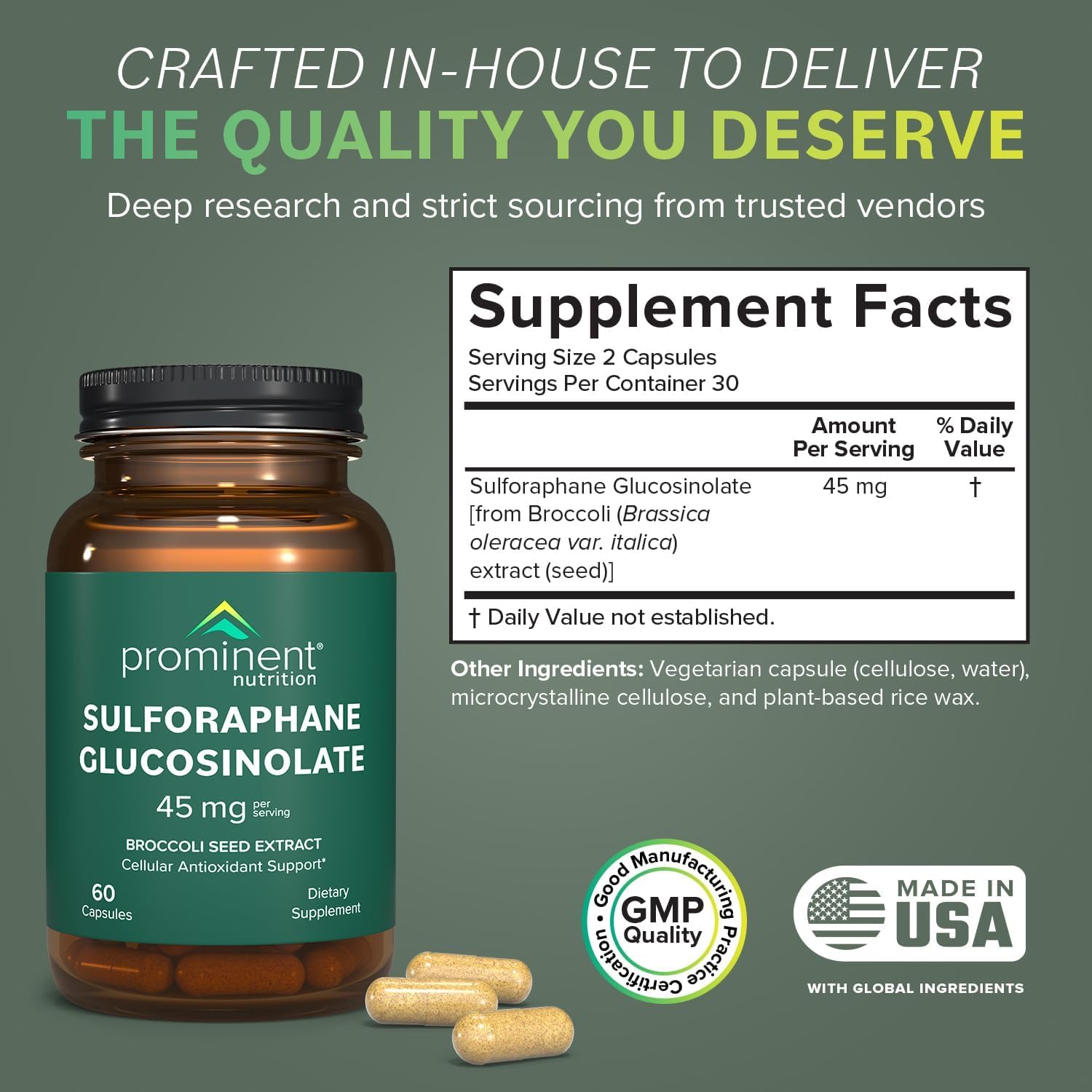 Prominent Nutrition Sulforaphane bottle pour highlights convenient intake.