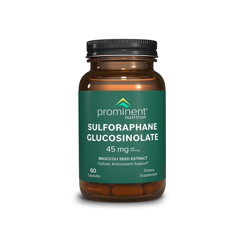 Prominent Nutrition sulforaphane glucosinolates bottle for easy daily gut support and antioxidant balance.