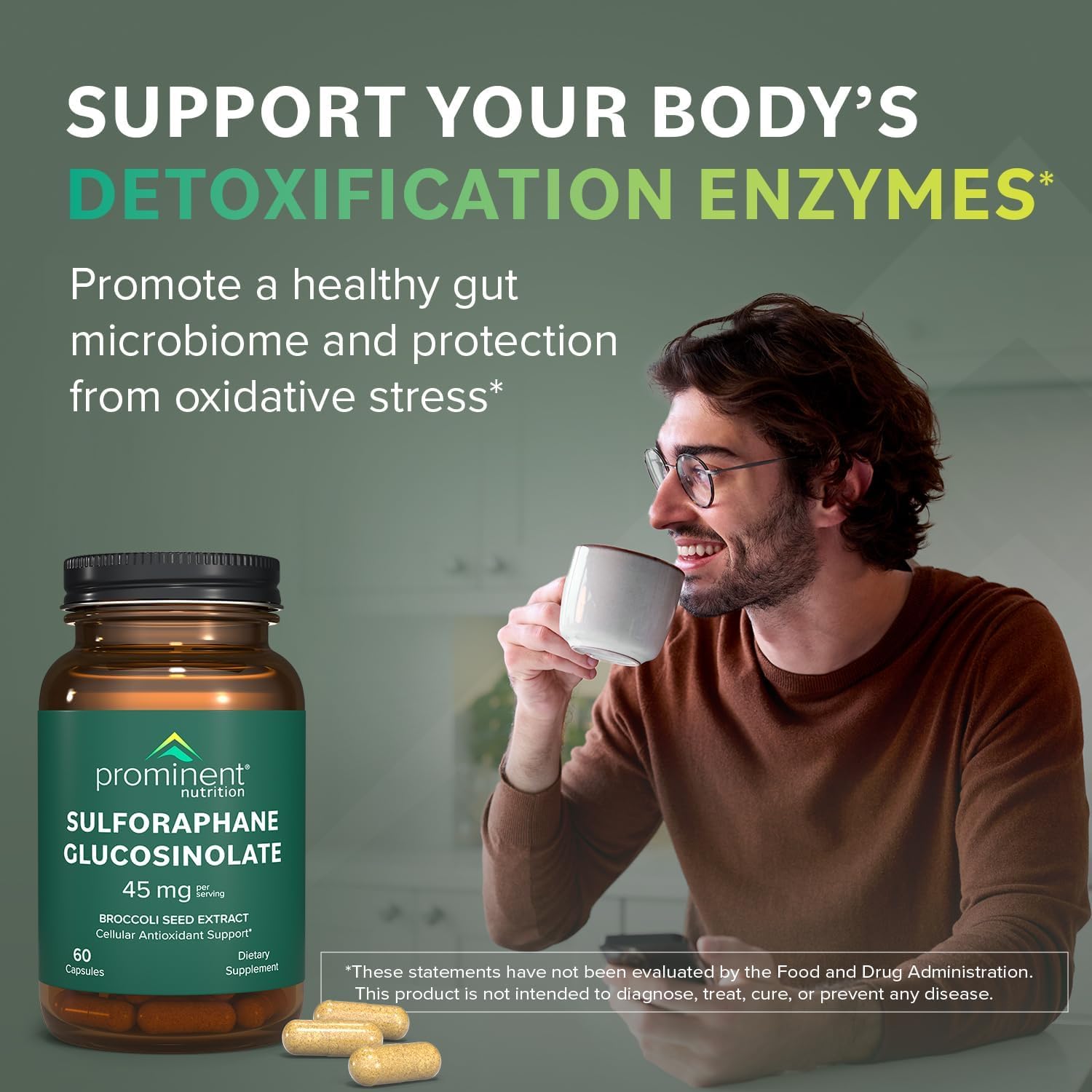Prominent Nutrition sulforaphane glucosinolates bottle foil seal ensures freshness.
