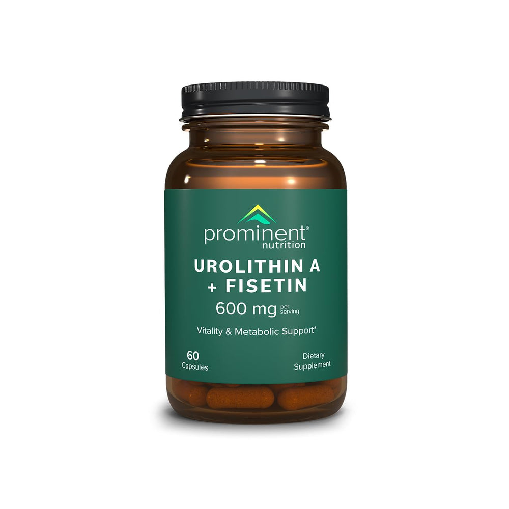 Prominent Nutrition Urolithin A + Fisetin bottle closeup for a potent longevity support blend.