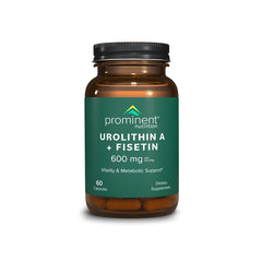 Prominent Nutrition Urolithin A + Fisetin bottle closeup for a potent longevity support blend.