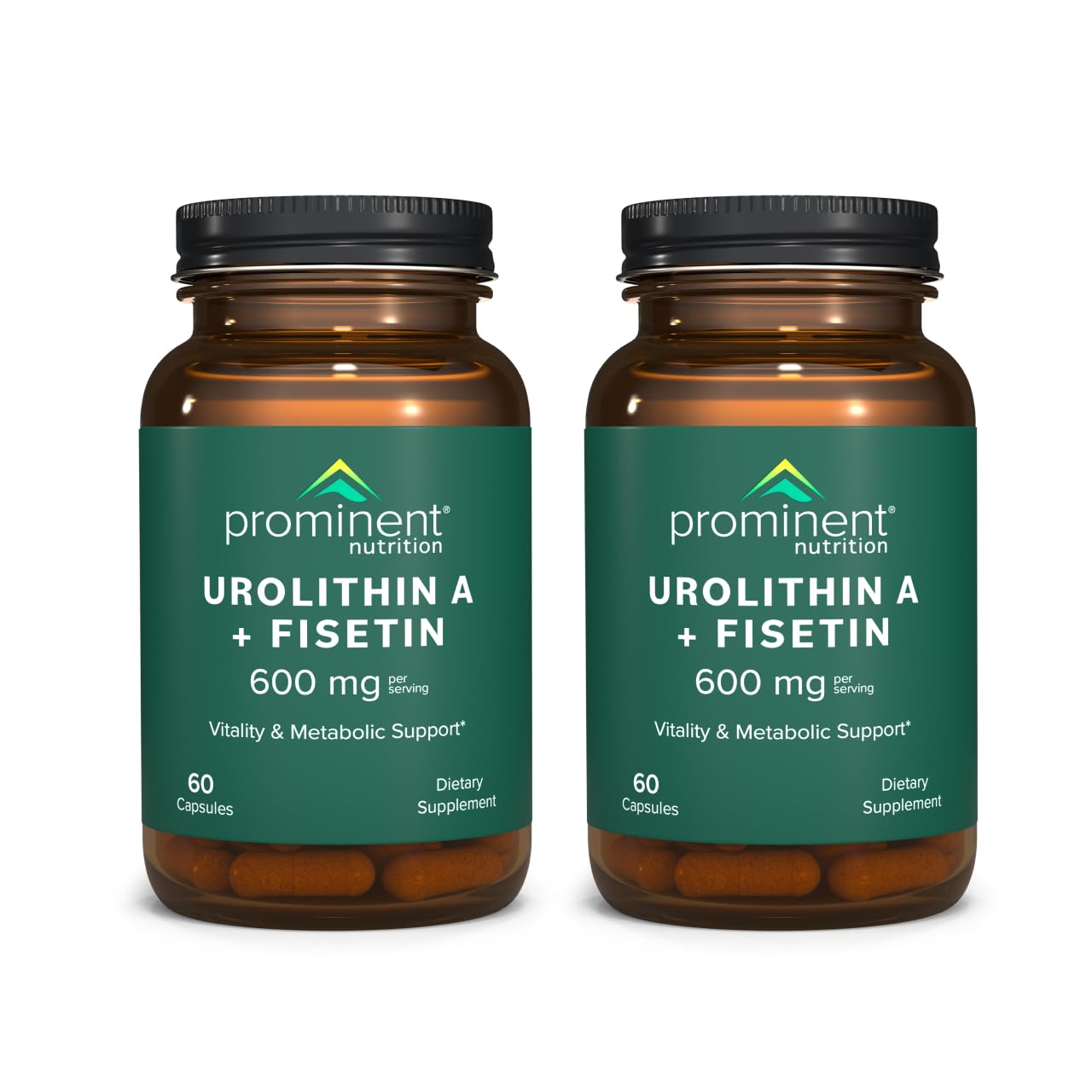Prominent Nutrition Urolithin A + Fisetin bottle with capsules for daily vitality.